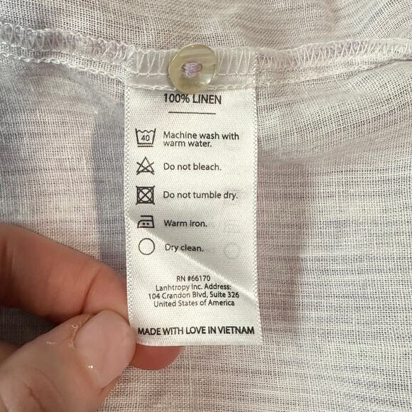 Tuckernuck LANHTROPY 100% Linen Scallop Blouse Striped Puff Sleeve Shirt Top - Picture 13 of 15